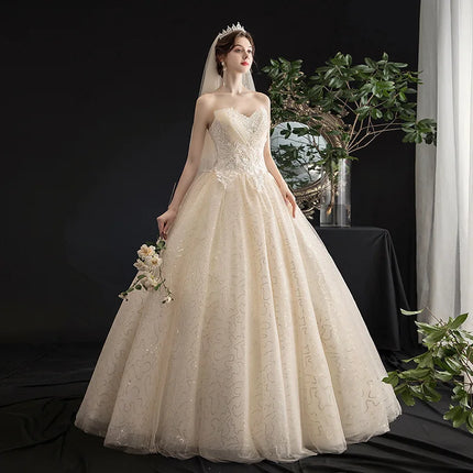 Customized Made Real Photo Plus size Bead Strapless Lace Wedding Dresses Cheap Ivory Champagne Bride Frocks Vestidos De Novia