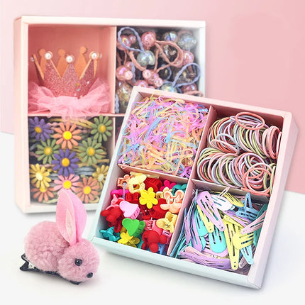Fashion Baby Girl Set of 24 Pcs Princess Crown  Lovely Rabbit Kids Colorful Fabric Cartoon Flower Hairclips