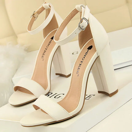 Summer Women Sandals Pumps Ankle Strap Square High Heels Sandalias Mujer Flock Open Toe Sexy Shoes Woman Plus Size 34-43 WSH4121