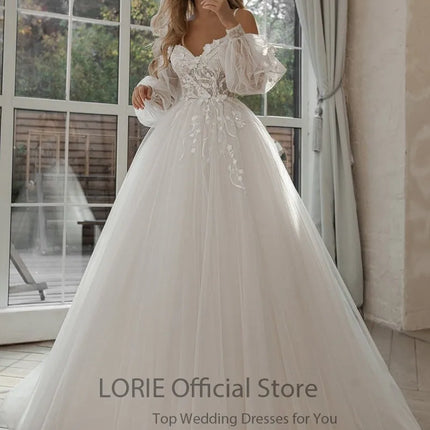 LORIE Glitter Wedding Dresses Puff Sleeve Appliques Lace 3D Flower off Shoulder Tulle Boho Bride Gown Customized vestidosdenovia