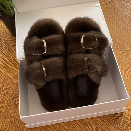 Luxury Designer Slipper Women 2025 Winter European Fashion Women's Shoes Ladies Slippers 100% Mink Slippers Shoes for Woman