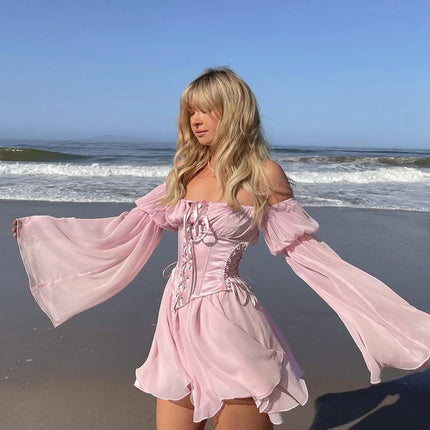Womens Puff Sleeve Off Shoulder Dresses Lace Up Swing Dress Ruffle Mesh Party Mini Dress and Body Shaper Bustier Corset