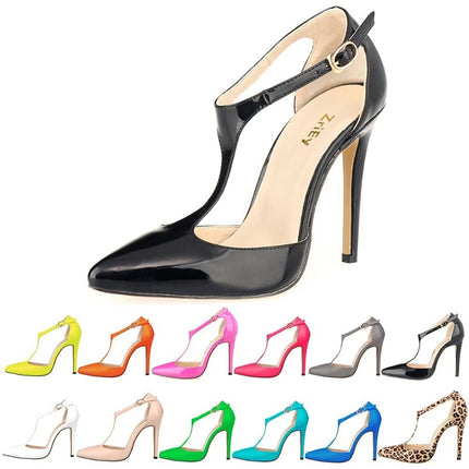 Women's Fashion Pointed Toe T-Strap Sandals Buckle Ankle Strap Patent Leather OL Casual High Heel Office Shoes Red Wedding Pumps