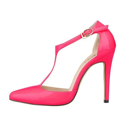 Women's Fashion Pointed Toe T-Strap Sandals Buckle Ankle Strap Patent Leather OL Casual High Heel Office Shoes Red Wedding Pumps
