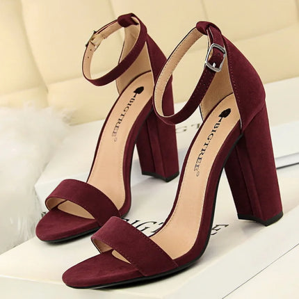 Summer Women Sandals Pumps Ankle Strap Square High Heels Sandalias Mujer Flock Open Toe Sexy Shoes Woman Plus Size 34-43 WSH4121
