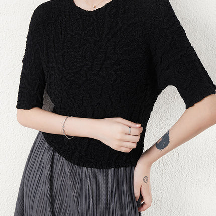 Miyake Super Elastic Loose Half-Sleeved Elegant T-Shirt Top for Women Summer Bubble Super Soft Pleated Right Shoulder Short-Sleeved T-Shirt for Women
