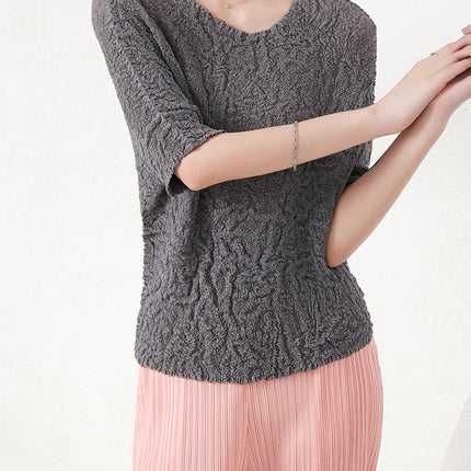 Miyake Super Elastic Loose Half-Sleeved Elegant T-Shirt Top for Women Summer Bubble Super Soft Pleated Right Shoulder Short-Sleeved T-Shirt for Women