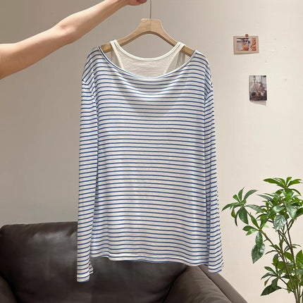 Korean Style Contrasting Stripesd Sun Protection Blouse Long-Sleeved T-Shirt Women's Spring Thin Camisole Two-Piece Suit Top