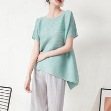 Miyake Super Elastic Loose Half-Sleeved Elegant T-Shirt Top for Women Summer Bubble Super Soft Pleated Right Shoulder Short-Sleeved T-Shirt for Women