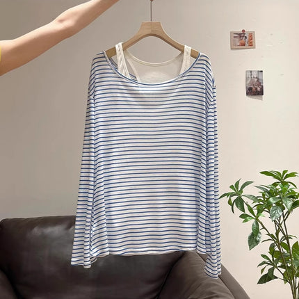 Korean Style Contrasting Stripesd Sun Protection Blouse Long-Sleeved T-Shirt Women's Spring Thin Camisole Two-Piece Suit Top