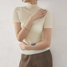 Miyake Super Elastic Loose Half-Sleeved Elegant T-Shirt Top for Women Summer Bubble Super Soft Pleated Right Shoulder Short-Sleeved T-Shirt for Women