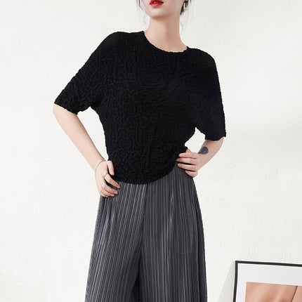 Miyake Super Elastic Loose Half-Sleeved Elegant T-Shirt Top for Women Summer Bubble Super Soft Pleated Right Shoulder Short-Sleeved T-Shirt for Women