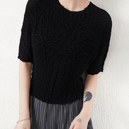 Miyake Super Elastic Loose Half-Sleeved Elegant T-Shirt Top for Women Summer Bubble Super Soft Pleated Right Shoulder Short-Sleeved T-Shirt for Women