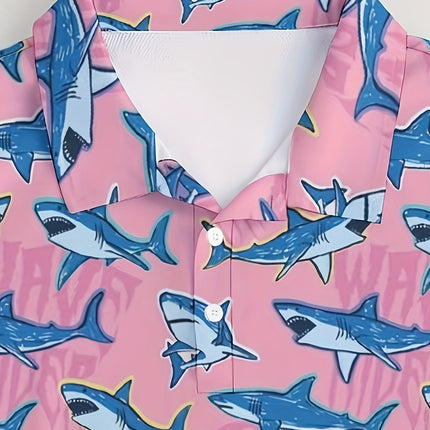 Men's Casual Fashion Short Sleeve Shirt Pink with Blue Cross-Border