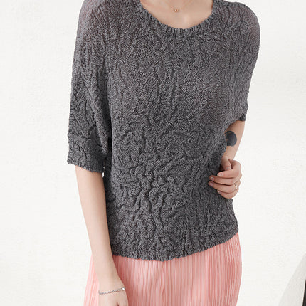 Miyake Super Elastic Loose Half-Sleeved Elegant T-Shirt Top for Women Summer Bubble Super Soft Pleated Right Shoulder Short-Sleeved T-Shirt for Women