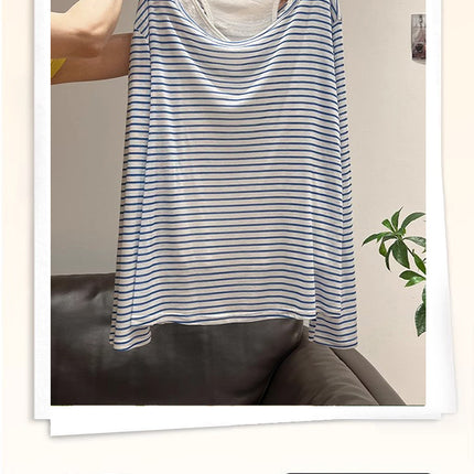 Korean Style Contrasting Stripesd Sun Protection Blouse Long-Sleeved T-Shirt Women's Spring Thin Camisole Two-Piece Suit Top