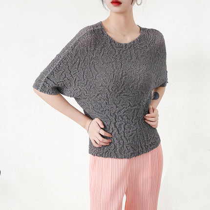 Miyake Super Elastic Loose Half-Sleeved Elegant T-Shirt Top for Women Summer Bubble Super Soft Pleated Right Shoulder Short-Sleeved T-Shirt for Women