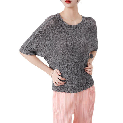 Miyake Super Elastic Loose Half-Sleeved Elegant T-Shirt Top for Women Summer Bubble Super Soft Pleated Right Shoulder Short-Sleeved T-Shirt for Women