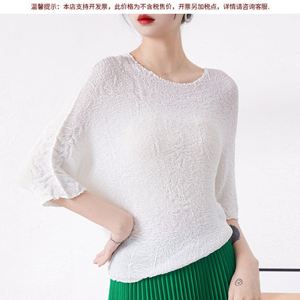 Miyake Super Elastic Loose Half-Sleeved Elegant T-Shirt Top for Women Summer Bubble Super Soft Pleated Right Shoulder Short-Sleeved T-Shirt for Women