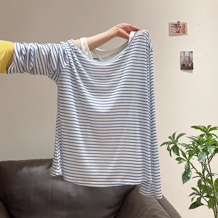 Korean Style Contrasting Stripesd Sun Protection Blouse Long-Sleeved T-Shirt Women's Spring Thin Camisole Two-Piece Suit Top