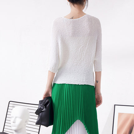 Miyake Super Elastic Loose Half-Sleeved Elegant T-Shirt Top for Women Summer Bubble Super Soft Pleated Right Shoulder Short-Sleeved T-Shirt for Women