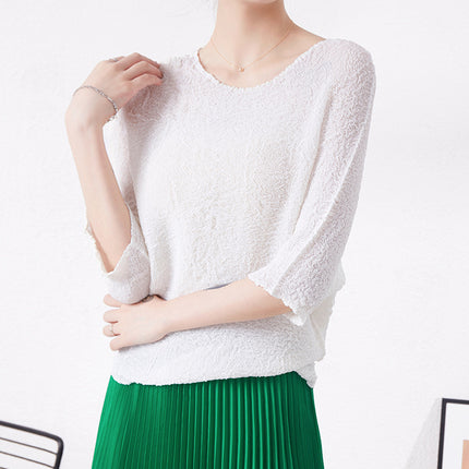 Miyake Super Elastic Loose Half-Sleeved Elegant T-Shirt Top for Women Summer Bubble Super Soft Pleated Right Shoulder Short-Sleeved T-Shirt for Women