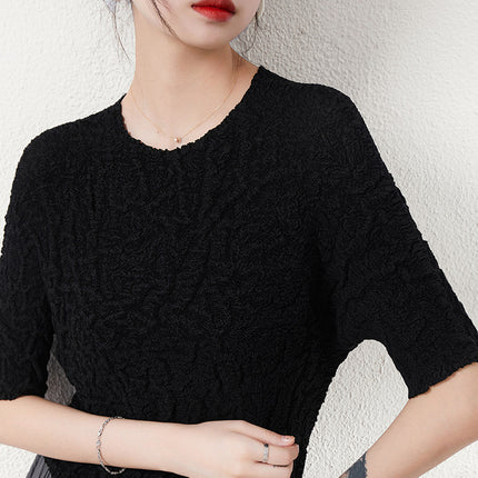 Miyake Super Elastic Loose Half-Sleeved Elegant T-Shirt Top for Women Summer Bubble Super Soft Pleated Right Shoulder Short-Sleeved T-Shirt for Women