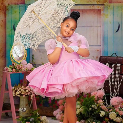 Pink Ball Gown Flower Girl Dresses Customized Tulle Tiered Ruffles Children Birthday Party Gowns High Neck Kids Wedding Dress