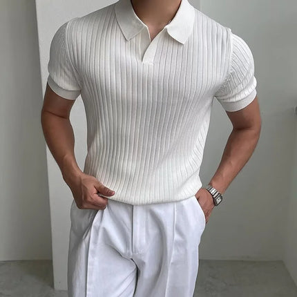 2026 Summer Breathable Knitted Short Sleeve polos homme Casual Business Striped Lapel Polo T-shirts Men's Y2K Vintage Tee Tops