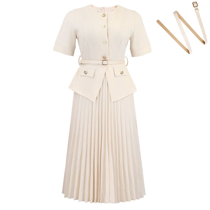 Women's Plus Size Spliced Pleated Dress Summer New Round Neck Solid Color Maxi Dress