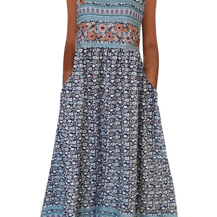 2025 summer new! Women's sleeveless Bohemian floral casual beach MIDI sundress with pockets flowing and loose