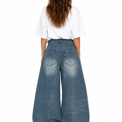 Women's Asymmetric Button Front Baggy Jeans, High Waist Vintage Washed Wide Leg Denim Pants Y2K Streetwear Loose Barrel Jeans for Daily Wear