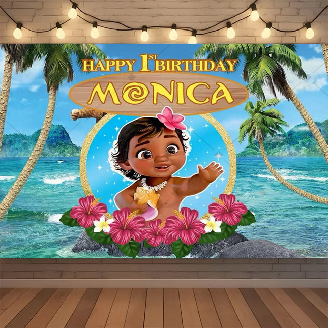 Cartoon Moana Birthday Backdrop Tropical Ocean Island Palm Flower Girl Birthday Party Baby Shower Decor Kids Photo Background