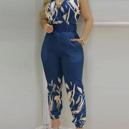 Summer Women Jumpsuits Elegant Office Lady Sexy V-neck Sleeveless Print Jumpsuits New Fashion With Belt Vest Playsuit Streetwear