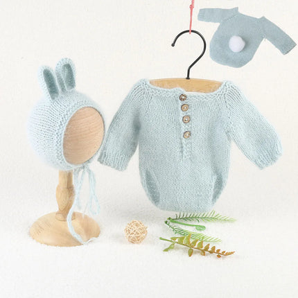 Newborn Knitted Angola Fuzzy Romper Baby Animal Outfit Photography Props Baby Cartoon Wolf Footed Overall Sets Photo Props
