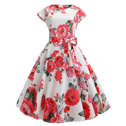 Women Summer Dress Floral Print Vintage 1950s 60s Rockabilly Party Dresses Retro Chic Short Sleeve Bow Belt A Line Vestido Mujer