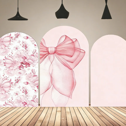 LS Custom 2-Sided Pink Bow Floral Pattern Girls 1st Birthday Party Baby Shower Cover Chiara Arch Background Decor Backdrop