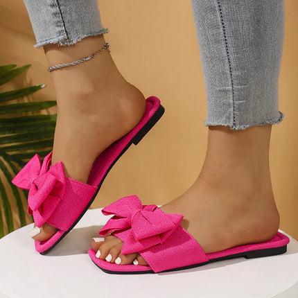 Summer New Women's Bow Slippers Comfortable Casual Outdoor Non Slip Wear Flat Sandals Square Toed  Beach Shoes