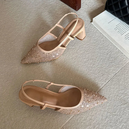 2026 New Fashion String Bead Women Square Heels Sandals Pointed Toe Pumps Slip On Dress Ladies High Heels Sandals Mules Shoes