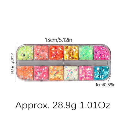 12 Grids Fluorescence Hexagon Nail Art Sequins Shiny Chameleon Iridescent Nail Glitter Powder Shimmery Flakes Nail Decoration