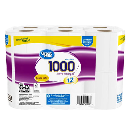ICUTE-Great Value Toilet Paper, 1000 Sheets per Roll, 12 Rolls