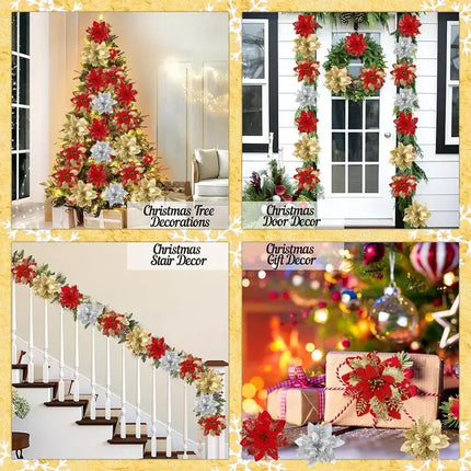 Christmas Glitter Artificial Flowers Christmas Tree Hanging Ornaments Fake Flower for Home 2026 Xmas New Year 2027 Navidad Gift
