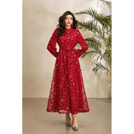 2026 Spring Autumn French High-end Women's Dress New Lace Embroidery Stand Lantern Sleeves Single Breasted Party Birthday Dress