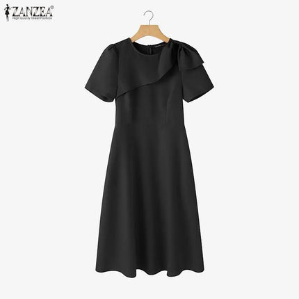 ZANZEA Women's Elegant Fit and Flare Party Dresses Bow Detail O-Neck Short Sleeve Wedding Guest A-Line Midi Dress Woman Clothes