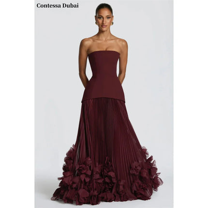 Contessa Custom Burgundy Strapless Evening Dress Corset Pleated Prom Dresses Chiffon Vestidos De Noche Formal Evening