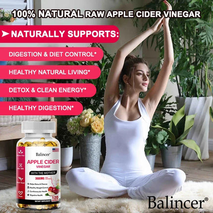 Balincer Apple Cider Vinegar Capsules 3000mg, Detox & Cleanse, Fat Burning, Healthy Weight Management Supplement Non-GMO