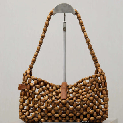 Summer New Women's Wooden Bead Hand Woven Bag Armpit Design Casual Versatile Beach Handbag for Stylish Beach Accessories