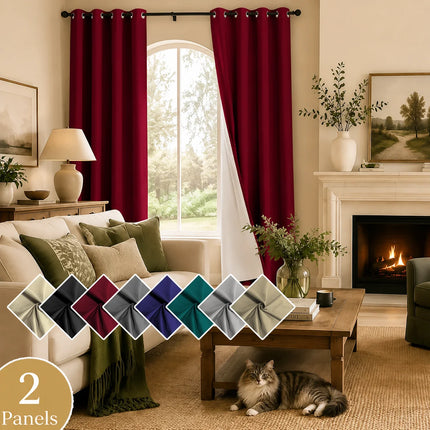 2 PCs Thermal Insulation 100% Blackout White Coating Curtains for Bedroom, Privacy Protection Noise Reduction Room Darken Grommet Top Curtains for Office, Living Room, Dining Room