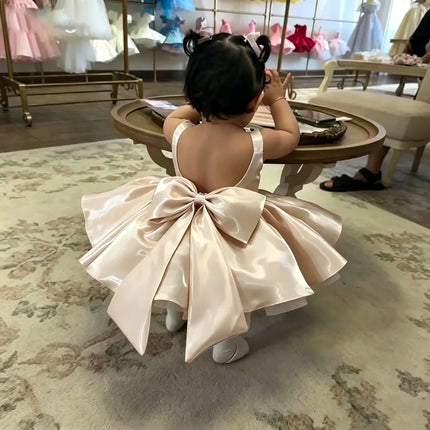 Wedding Mini Flower Girl Dress 2026 Satin Sleeveless Backless Bow Short Tutu Dress Baby Princess Dress Formal Party Dress Custom