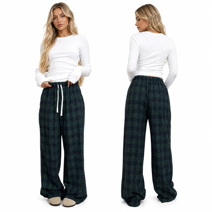 Women Plaid Wide Leg Pants, Elastic Waist Drawstring Loose Baggy Trousers Casual Comfy Lounge Pants for Daily Streetwear